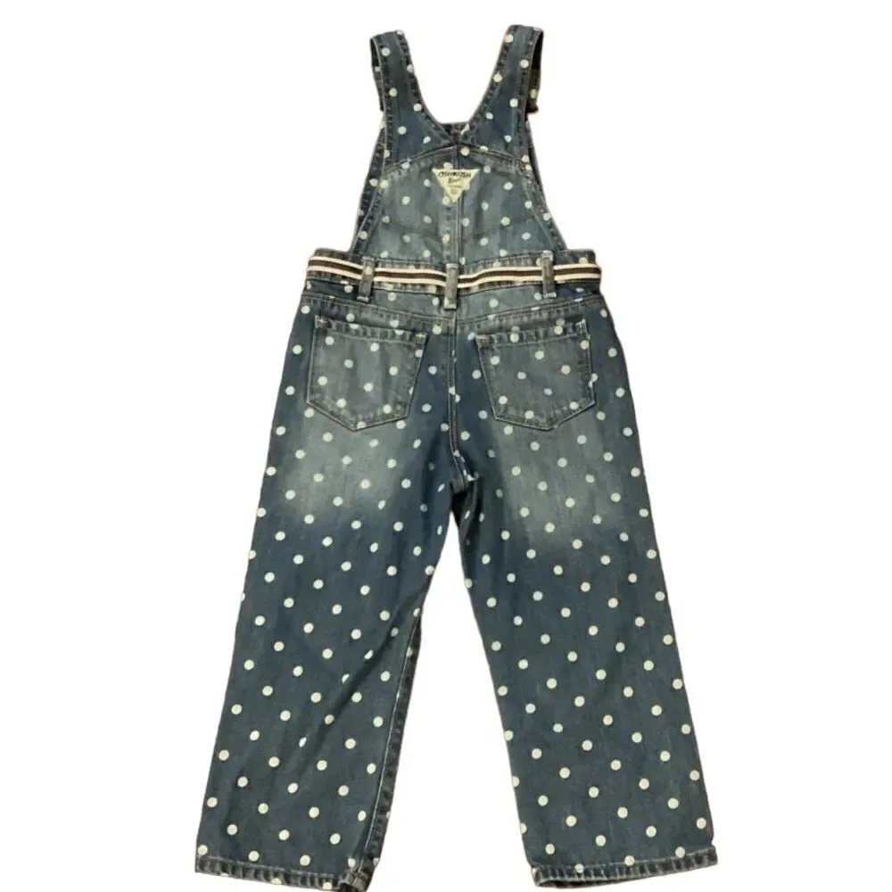 Oshkosh Polka Dot Overalls 3T Blue Denim Bibbed White Circles Tie Belt Vestbak